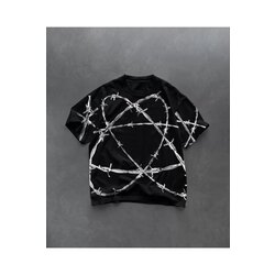 Unisex Bisiklet Yaka Baskılı Oversize T-Shirt - Siyah