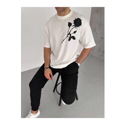Unisex Bisiklet Yaka Baskılı Oversize T-Shirt - Beyaz
