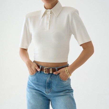 Düğmeli Polo Yaka Siyah Crop Tişört