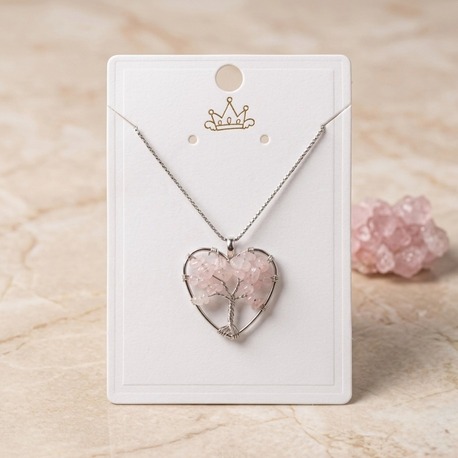 Pembe Kuvars Hayat Ağacı 316L Çelik Kalp Kolye