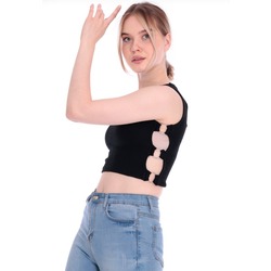 SEEM Kadın Siyah Yanları Halka Detaylı Kısa Kollu Crop Bluz