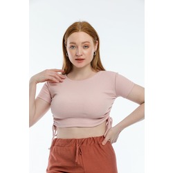 SEEM Kadın Pembe Fitilli Yanları Büzgülü Kısa Kollu Crop Bluz