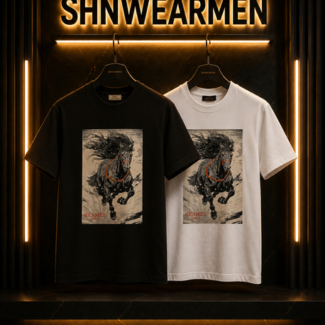 Hermes At Desenli Premium Oversize T-Shirt Siyah/Beyaz