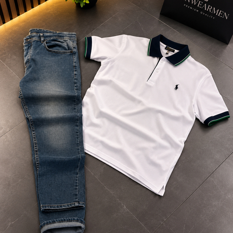  Lacivert Denim Jean Pantolon Beyaz Polo T-shirt