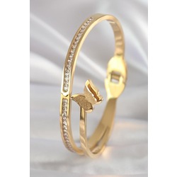 316L Çelik Gold Renk Zirkon Taşlı Simli Kelebek Model Kadın Kelepçe