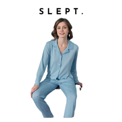 SLEPT. MAVİ DESENLİ DÜĞMELİ PİJAMA TAKIMI
