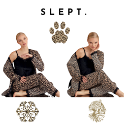 SLEPT. SİYAH LEOPAR DESENLİ ASKILI KADİFE PİJAMA TAKIMI
