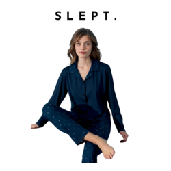 SLEPT. LACİVERT PUANTİYELİ DÜĞMELİ PİJAMA TAKIMI