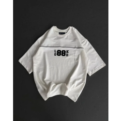 Unisex Bisiklet Yaka Baskılı Oversize T-Shirt - Beyaz