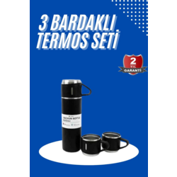 Termos Seti 3'lü Bardak Seti Isı Dayanıklı Siyah Paslanmaz Çelik Vakumlu