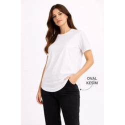 Basic T-Shirt Kısa Kol Bisiklet Yaka Oval Kesim Tişört - Beyaz
