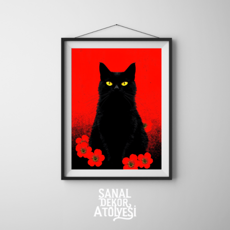 Çiçekli Kedi Tablosu
