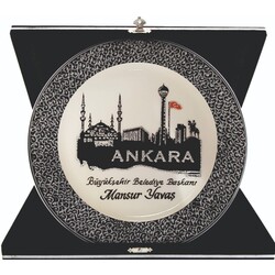 25 cm Ankara Silüet Gümüş Simli Hediyelik Tabak  + Kadife Kutu