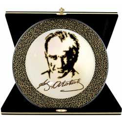 25 cm Atatürk Altın Simli Hediyelik Tabak + Kadife Kutu