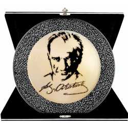 25 cm Atatürk Gümüş Simli Hediyelik Tabak + Kadife Kutu