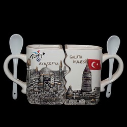 İstanbul Figürlü İkili Seramik Kupa Bardak 