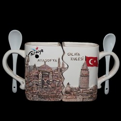 İstanbul Figürlü İkili Seramik Kupa Bardak