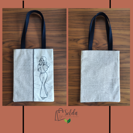 Keten Tote Çanta - At Desenli Pamuk Astarlı - El Çizimi - El Yapımı - Kişiye Özel Tasarım