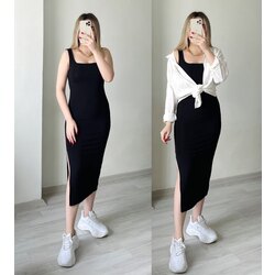 Orj Marka Siyah Yırtmaçlı Midi Elbise