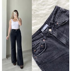 Zara Ultra Yüksek Bel Dizi Yırtık Antrasit Wide Leg Jean