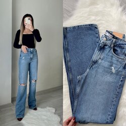 Zara Ultra Yüksek Bel Dizi Yırtık Wide Leg Jean 