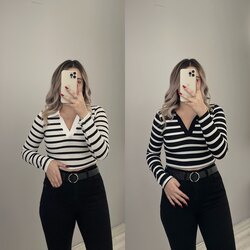 Polo Yaka Çizgili Crop