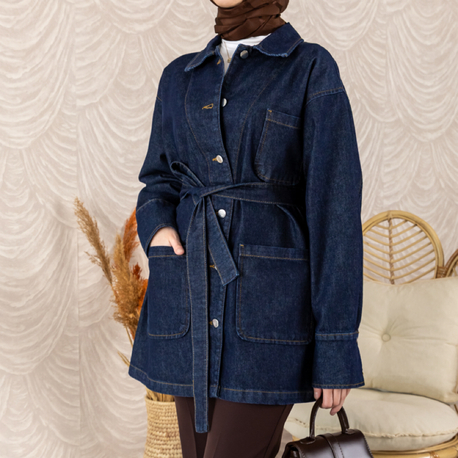 Noir Denim Kuşaklı Ceket | Koyu 