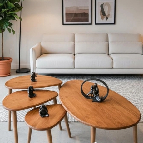 4lü set Doğal masif ahşap damla model Orta sehpa ve 3lü zigon takımı Açık Meşe