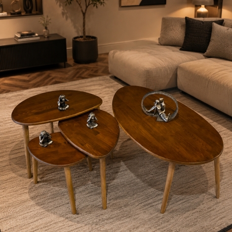 4lü set Doğal masif ahşap damla model Orta sehpa ve 3lü zigon takımı Kızıl Ceviz