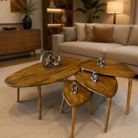 4lü set Doğal masif ahşap damla model Orta sehpa ve 3lü zigon takımı Venge