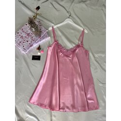 Senzamor İnce Askılı Dantelli Mini Saten Gecelik Pembe