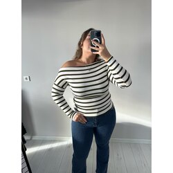 Kayık Yaka Haki Çizgili Esnek Bluz