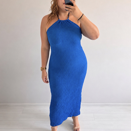 Boncuklu Halter Dokulu Elbise