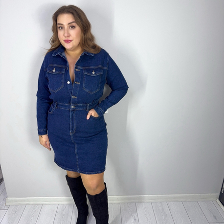 İndigo Düğme Detaylı Uzun Kol Denim Elbise