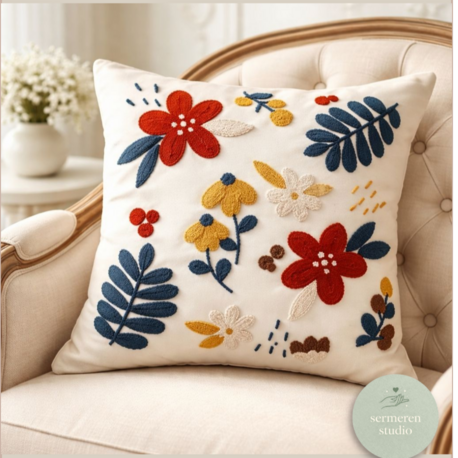 Beyaz Dekoratif Yastık  | Panch Nakış 40W40D Cozy Muse Genel Kullanım Bahar Temalı