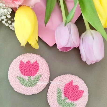 Punch İşlemeli Pembe Lale Araba Bardak Altlığı 7 cm 2'li, Araç İçi Aksesuarı