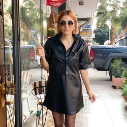 Siyah Deri Mini Elbise