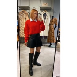 Siyah Pileli Deri Mini Etek