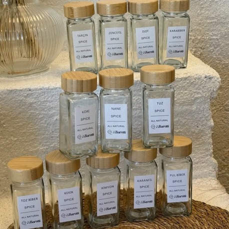 12 Adet Bambu Kapaklı Kare Baharatlık Seti 