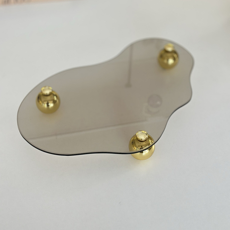 Eğri Bronz Cam Tepsi  Gold Metal Top Ayaklı