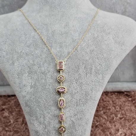 Gold Renkli Pembe Taşlı Y Kolye