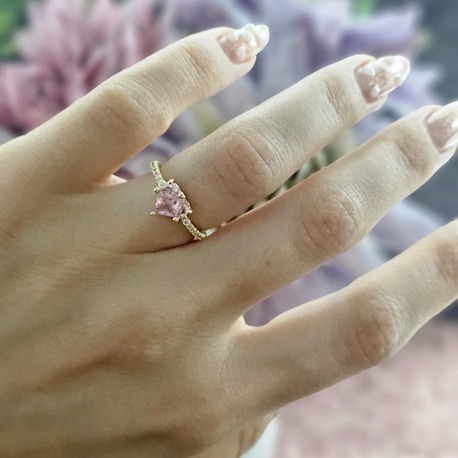 Zirkon Taşlı Pembe Kalp Detaylı Gold Renk Ayarlanabilir Yüzük