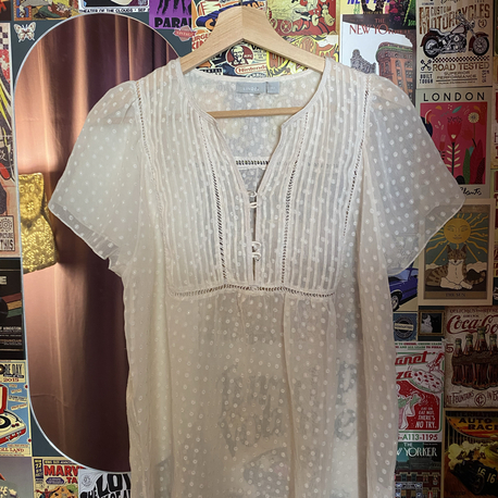 Vintage Lindex Swiss Dot Dantel Detaylı Beyaz Bluz | M-L