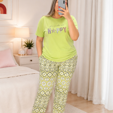 Büyük beden altı desenli kadın pijama takımı