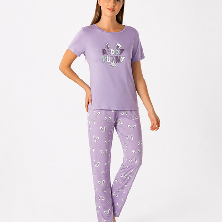 Daddy bunny yazılı mor kadın pijama takımı
