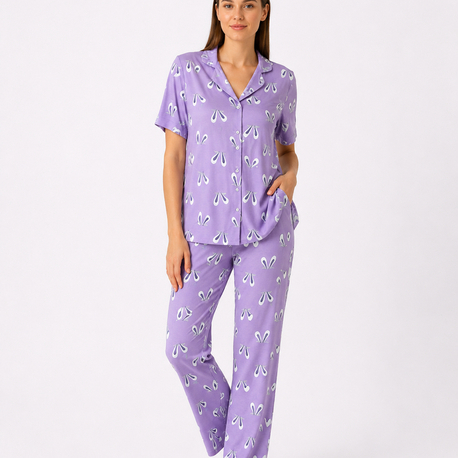 Tavşan kulağı desenli mor kadın pijama takımı