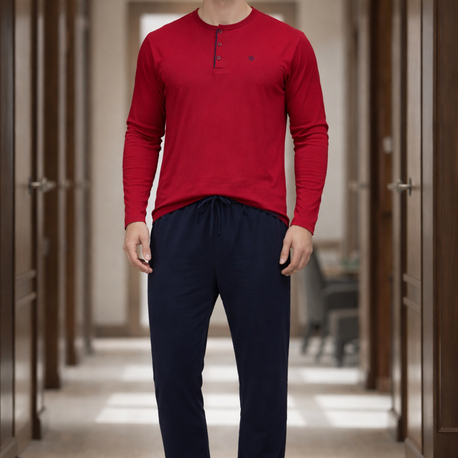 Erkek Uzun kollu Yarım düğmeli pijama takımı Bordo