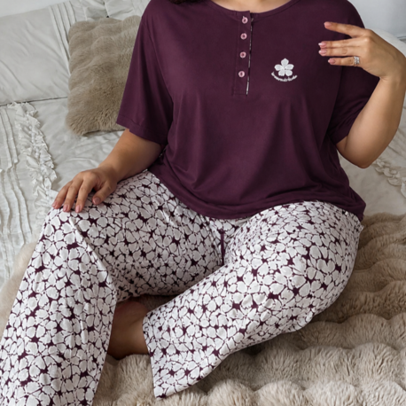 Büyük beden Mor Yarım dügmeli pijama takımı