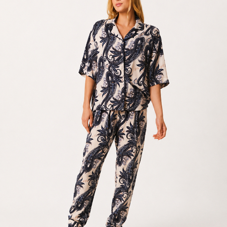 Mavi desenli yarasa kol kadın pijama takımı