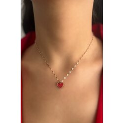 Rose Renk Kırmızı ve Siyah Kalp Figürlü Çelik Kolye